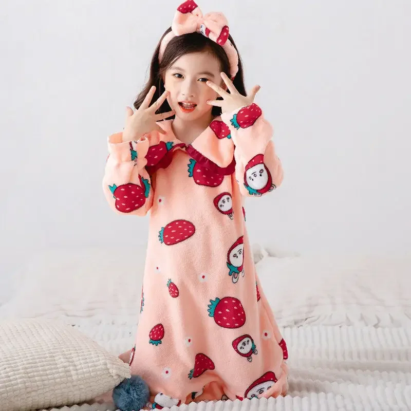 Autumn Winter Flannel Girls Pajamas Nightdress Sweet Cute Long Sleeved Nightgown Baby Lapel Pajamas Comfortable Home Clothes