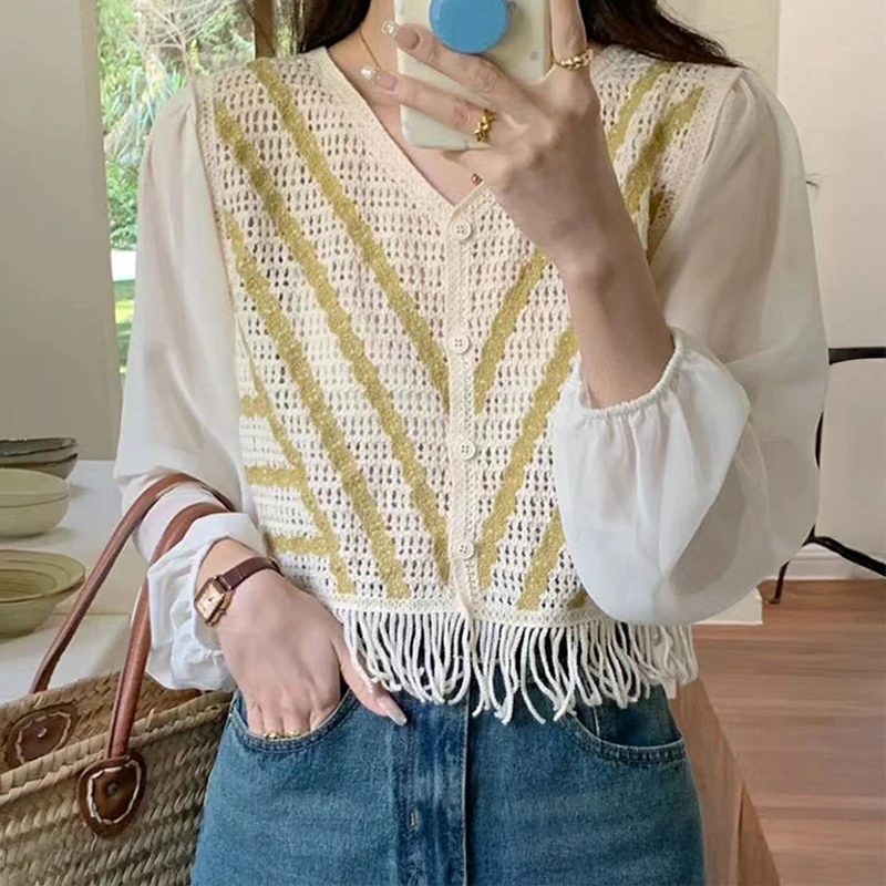 

Women‘s Crochet Cardigan with Tassel Long Sleeve Button Down Striped Open-knit Shirt Blouse Boho Chic Spring Summer 2026