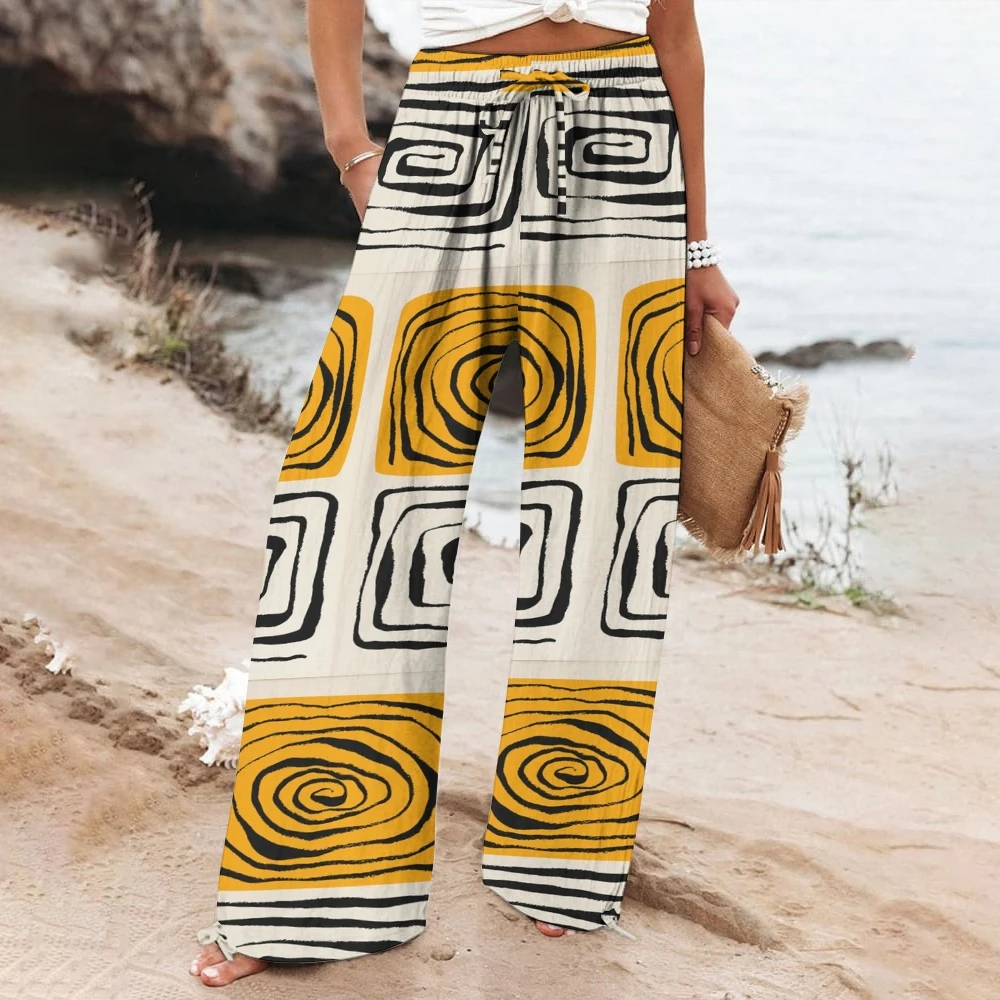 

Yellow Women's Casual Pants Loose Ring Line Printed Beach Pants Trendy New High Quality Nice Clothes Wide Leg Pants