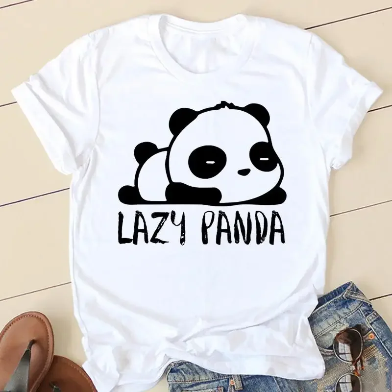 Camiseta de manga curta para as mulheres, roupas casuais, estilo panda, doce e adorável, moda, verão
