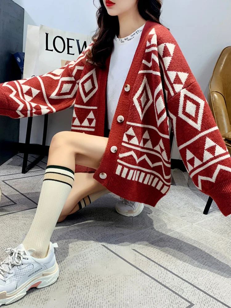 موضة جديدة الهندسة الطباعة محبوك Caridgan معطف الخريف الشتاء عادية فضفاض النساء البلوزات مكتب سيدة محبوك الملابس