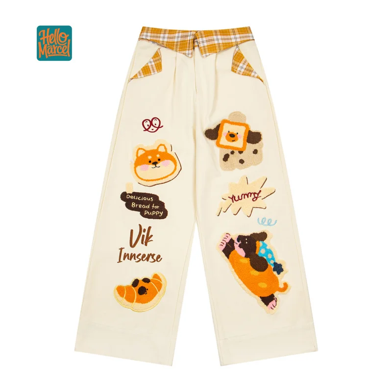 HELLOMARCEL EU US Size Luxury Quality Casual Pants Retro Plaid Waistband Flocked Embroidery Carton Wide-Leg Pants