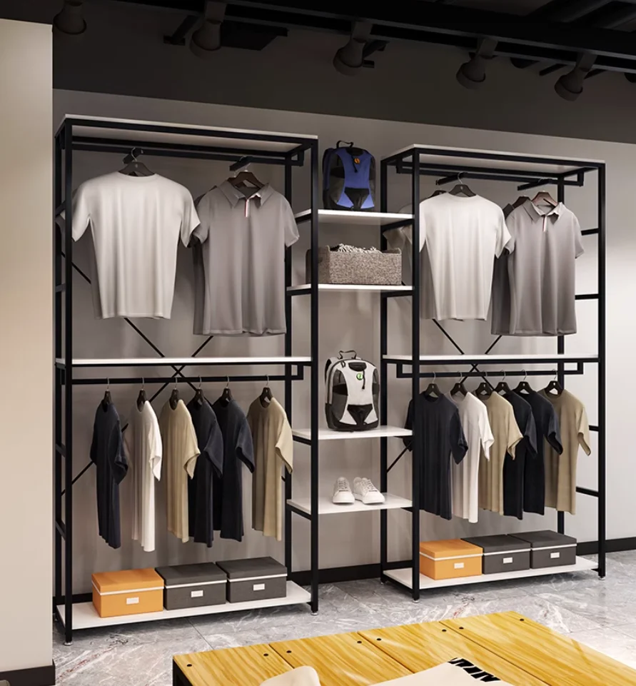 Clothing store display shelves Floor to floor double-layer display racks hanging clothes shelves