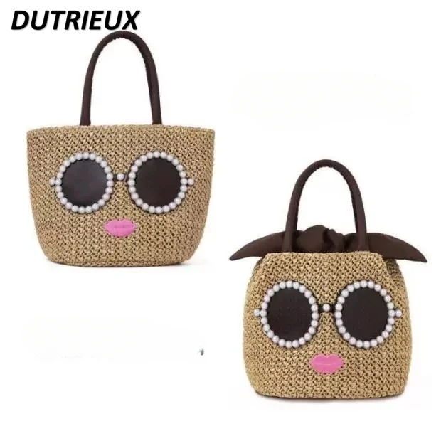 

Japanese Magazine Chic Pearl Sunglasses Embroidered Lips Straw Woven Bag Shopping Hand Carry Lunch Bags Lolita Cute Storage Bag