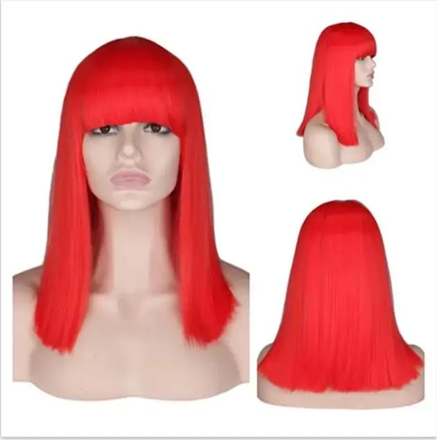 Short Straight Cosplay Wig For Party Costume Red Blonde Blue Green Pink High Temperature Fiber Synthetic Hair Wigs