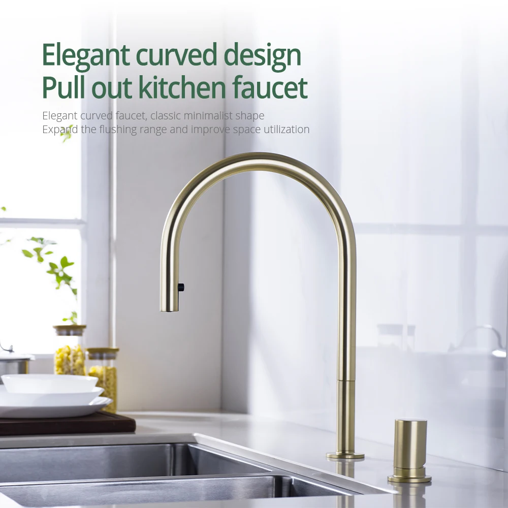 Brushed Gold Kitchen Faucet Invisible Pull Out Spray Mixer Double Hole Single Handle Solid Brass Hot and Cold Kitchen Sink Tap