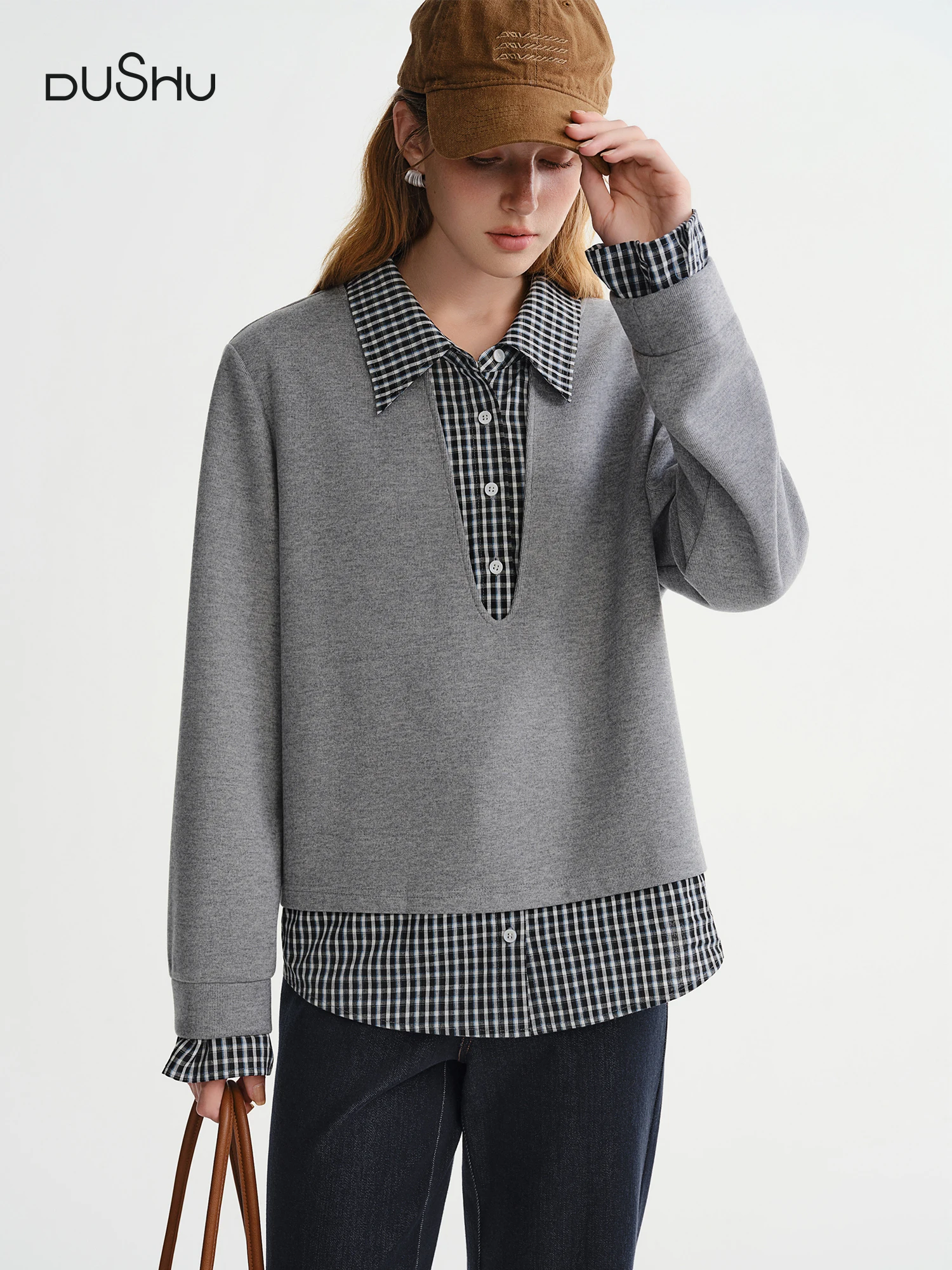 

DUSHU Fake Two-piece Plaid Shirt Splicing Sweatshirt New Top Pullover Gray Simple Leisure Age-reducing Girlish