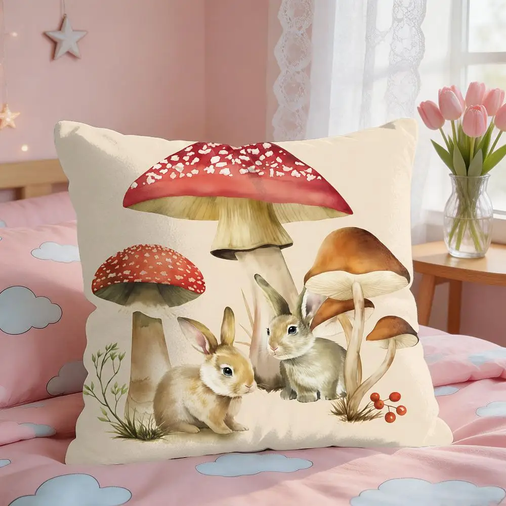 Whimsy Bunny Mushrooms Cushion Cover Silky Short Plush Invisible Zipper Dustproof Sofa Pillow Case for Home Decor