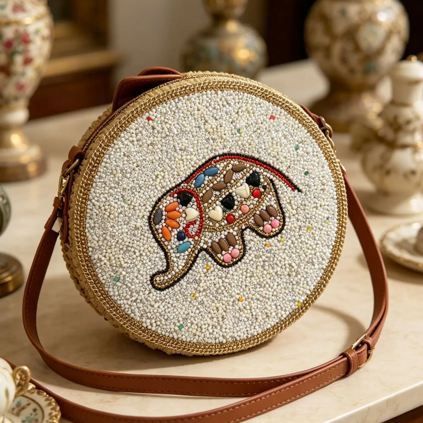 

Handwoven elephant pattern straw bag Full white rice beads colorful gemstone round bag Bohemian style brown leather handle
