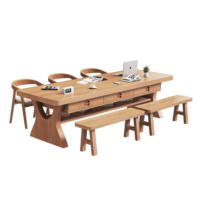 

Стол из массива дерева с ящиками, комбинация стола и стула для библиотеки, офиса или кабинета, для гостиной, большой стол из чистого массива дерева.