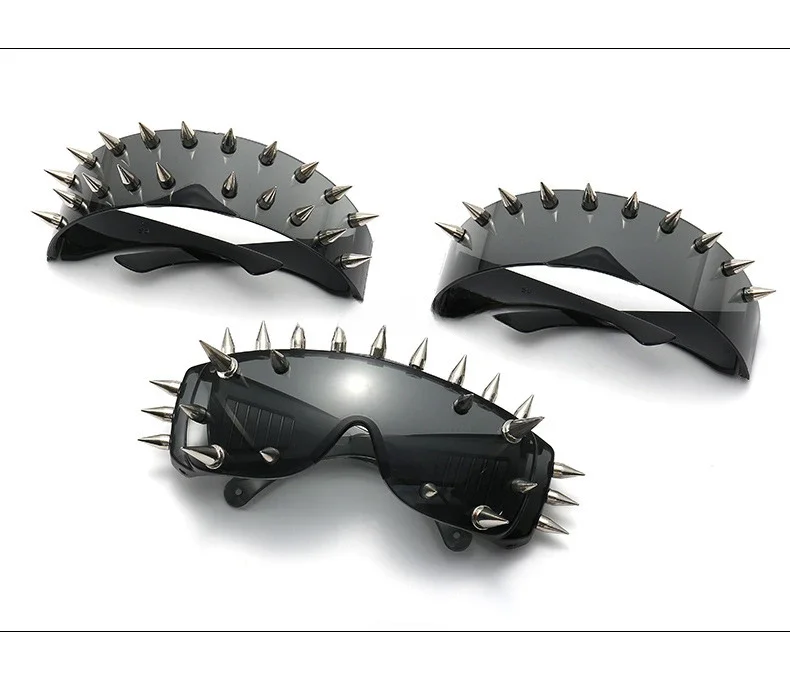 Steampunk Y2K Sonnenbrille mit großem Rahmen und Nieten für Damen und Herren, Vintage Punk Luxusmarke Designer Sonnenbrille Trend Einteilige Gläser – Detail 3
