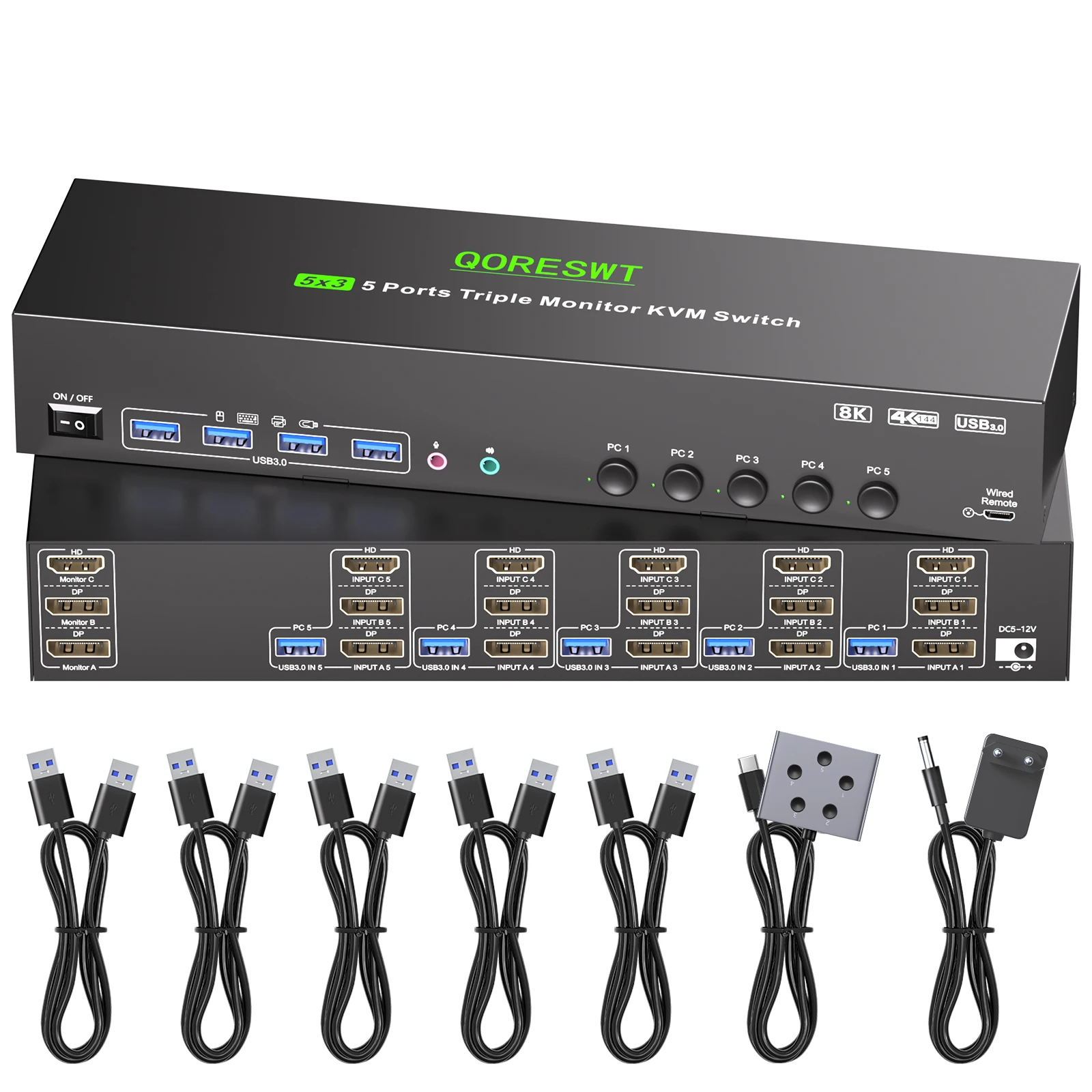 KVM Switch 3 Monitors 5 Computers 8K@60Hz, HDMI Displayport Triple Monitor KVM Switch,3 Monitor KVM with 4 USB 3.0 Ports