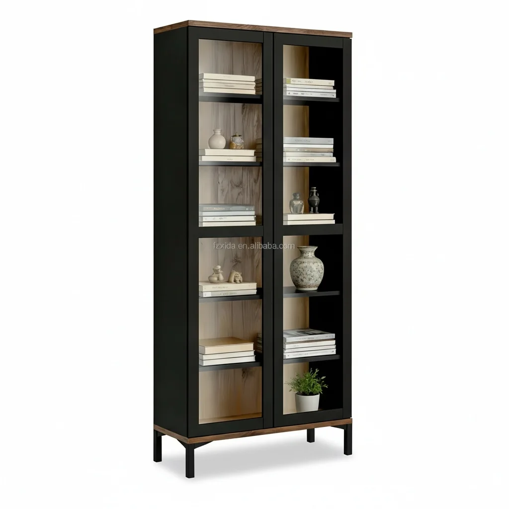 Modern Wood Bookcase, 2-Door Panel Wood Minimalist Bookshelf, 88.7x36.3x202.8cm Storage Cabinet, Display Rack for Home Office