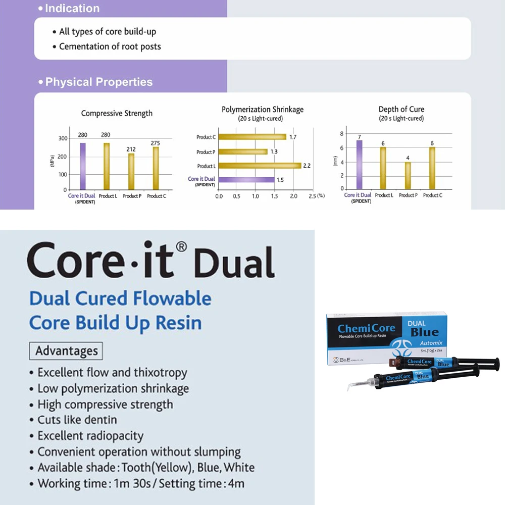 Dental Core Build Up Material Blue Dual Cure 5mlx2 Syringes Automix Abutment ChemiCore Post Cementation Dentistry Clinic Product