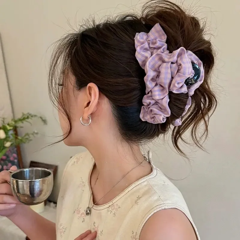 Fabric Plaid Cloud Bubble Hair Claw Elegant Temperament Shark Clip Korean Fashion Women Girls Back Head Hair Grab Styling Clip
