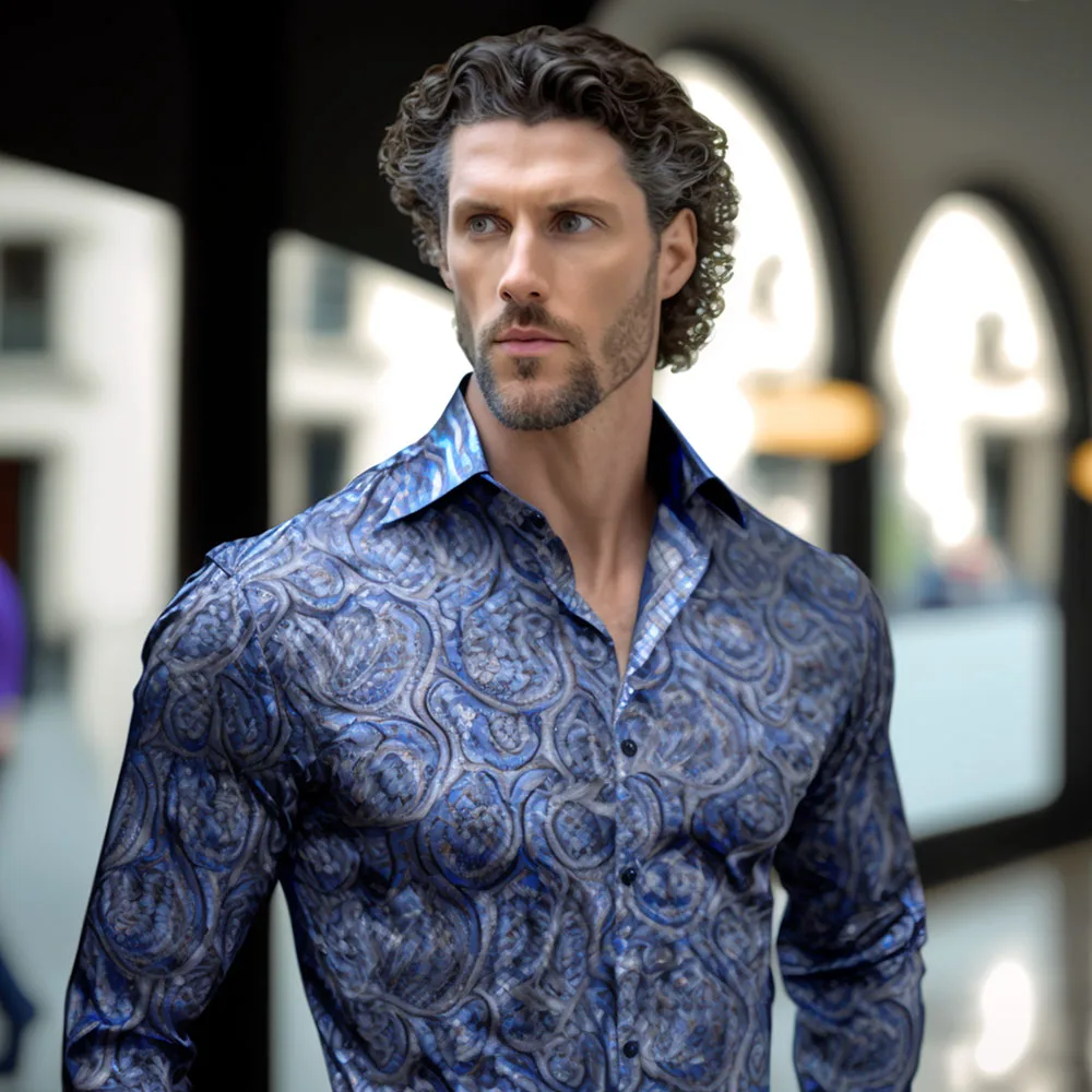 Barry.Wang Exquisite Blue Silk Paisley Men Shirt Four Seasons Lapel Long Sleeve Embroidered Leisure Fit Party Wedding CY-0413