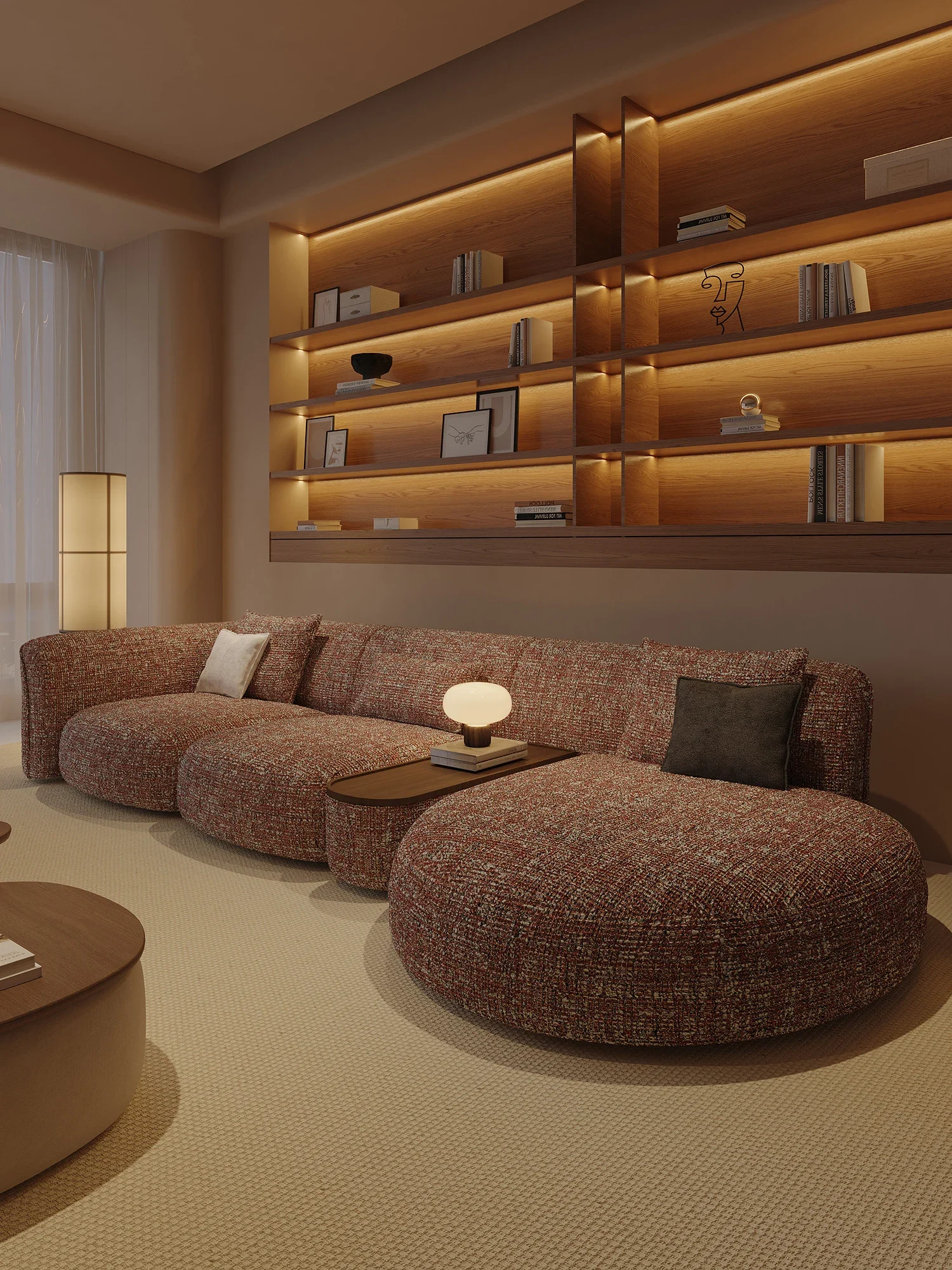 Terracotta Tweed Curved Modular Sofa With Round Ottoman Pebble Chaise Built In Side Table Floor Style For Living Room