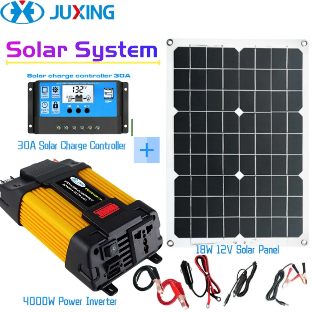 JUXING 4000W Solar System : 4000W  DC TO AC Power Inverter ，18W Solar Panels and 30A Smart LCD Display Solar Charge Controller