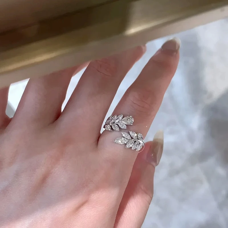 Sparkling Full Zircon Wheat Ear Feather Ring Korean style Cool and Delicate Luxurious Branches and Leaves Rings For Women KOFSAC