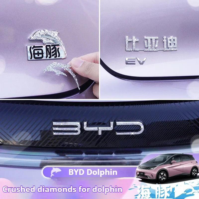 Para BYD Dolphin, logotipo especial de diamante roto para coche, accesorios para el cuerpo, pegatinas, suministros de modificación de decoración de delfines de alta calidad