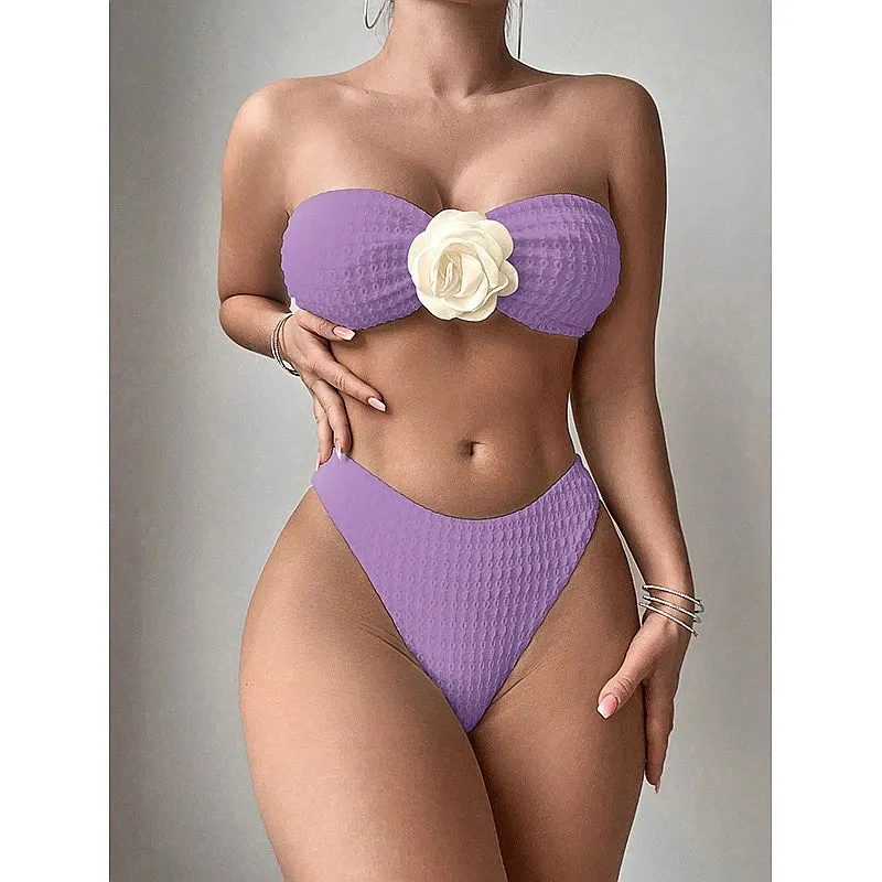 

2026 New Solid Bikini Set with Floral Stitching Women High Waist Beach Swimwear