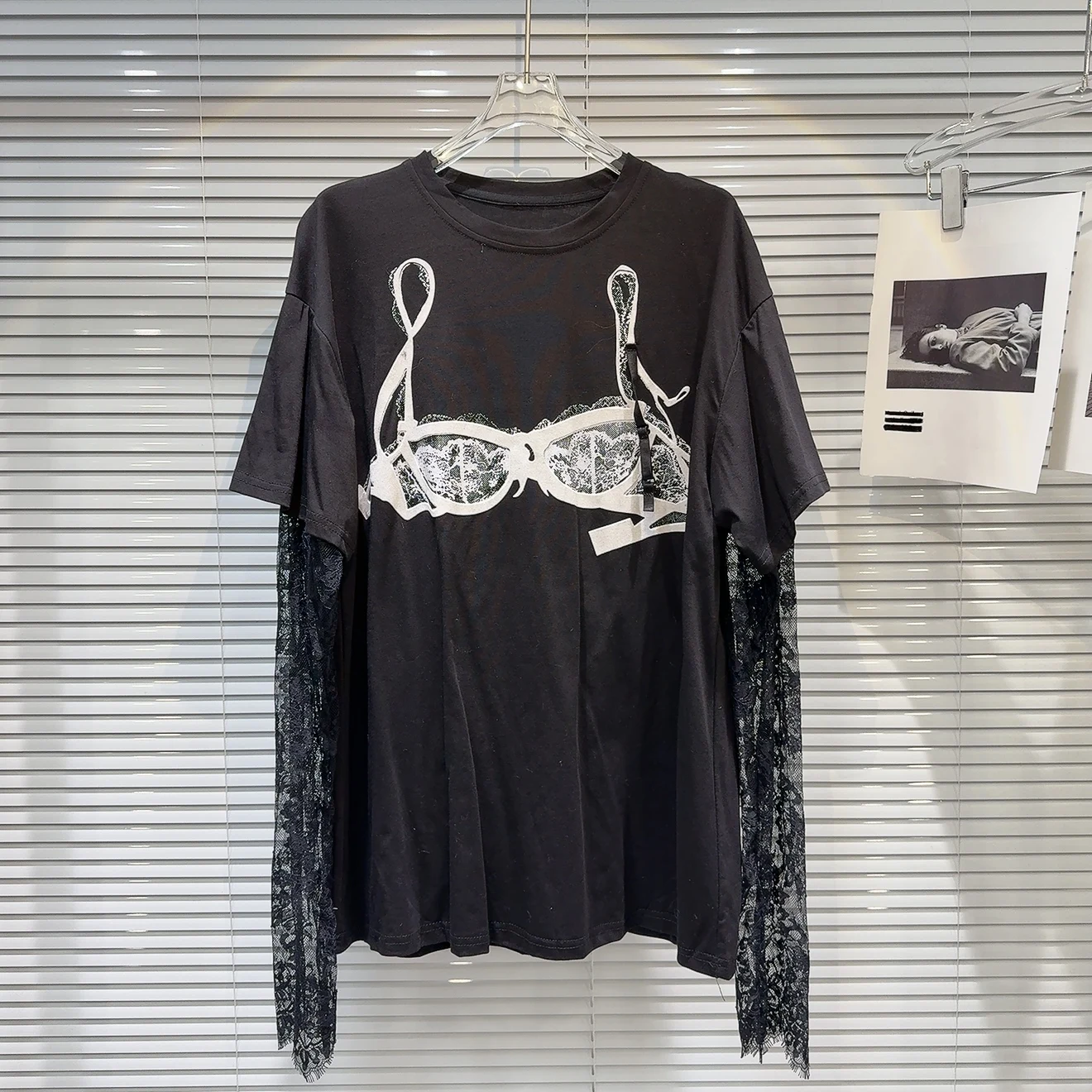 2025 Summer New Arrival | Niche Sweet-Spicy Lace Underwear Print Sunscreen Paneled Lace Sleeve T-Shirt