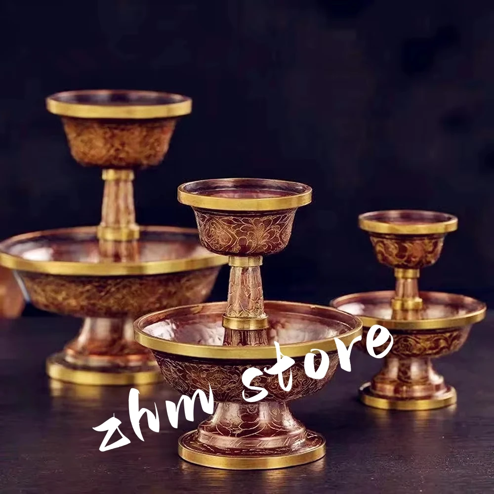 Nepal Guardian Manza Engraving Gosang Flower Tibetan Bronze Plate,2 Layer Buddhism Altars Holy Water Cup,Buddhist Item Religious