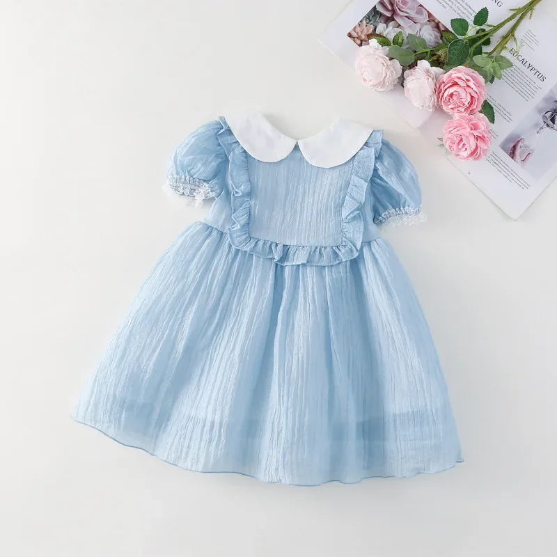 

Summer Peter Pan Collar Beading Bows A-line Princess Dresses 1-6Y Children Versatile Outfits Long Dress Sweet Blue Girls Dress