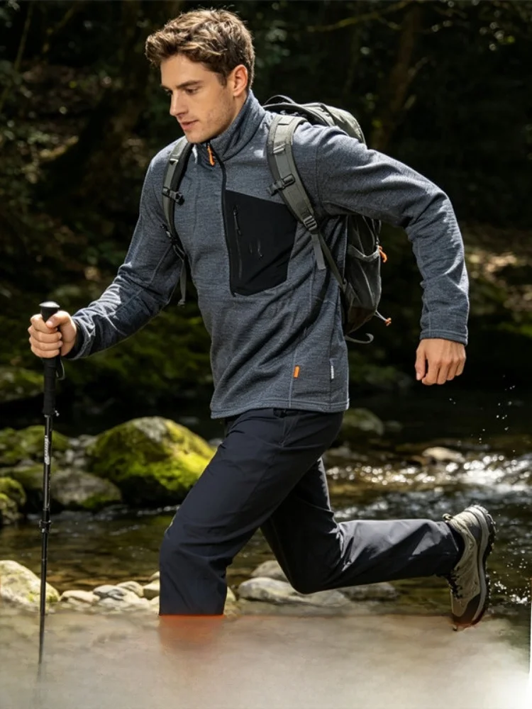 Outdoor Men's Base Shirt Stand Collar Pressed Glue Thin Fleece Spring New Function Inner Block Polyester Fiber Long Sleeve T-...