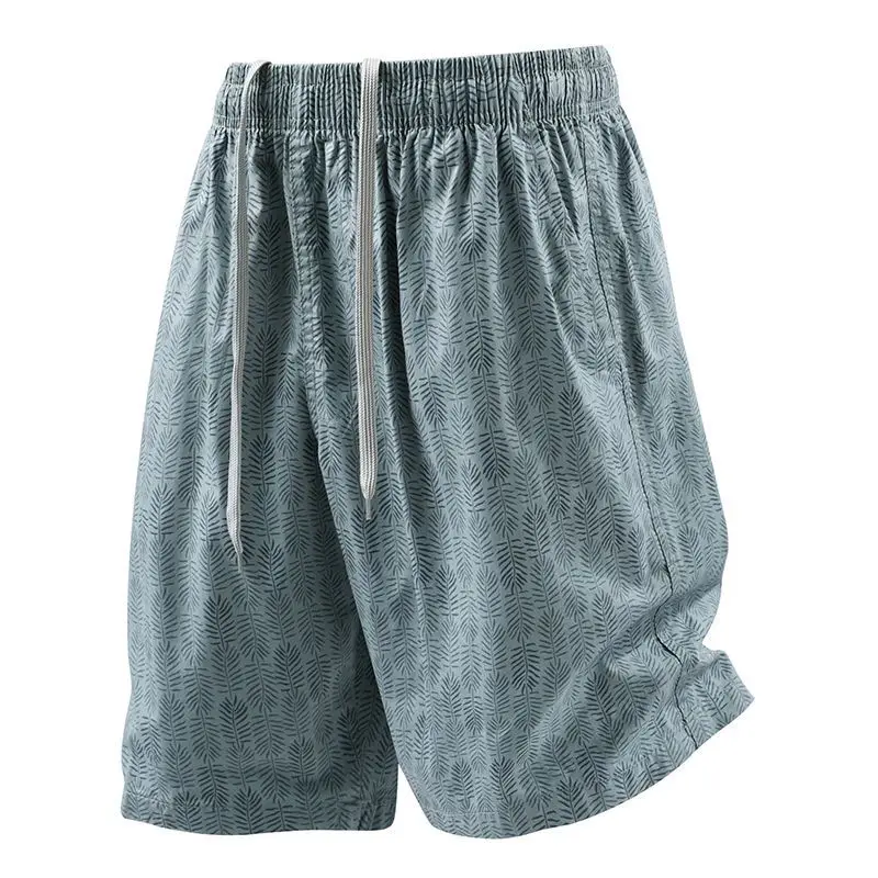 Men's Cotton Leaf Print Shorts Loose Casual Beach Pants Elastic Waist Summer Wear