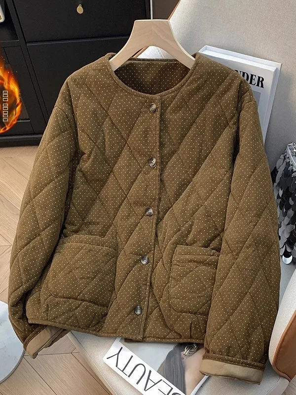 

Ретро-куртка из вельвета в горошек с хлопковым наполнителем для женщин, зимняя, свободного кроя, универсальная, теплая, с хлопковой подкладкой, Dr Qing a Po