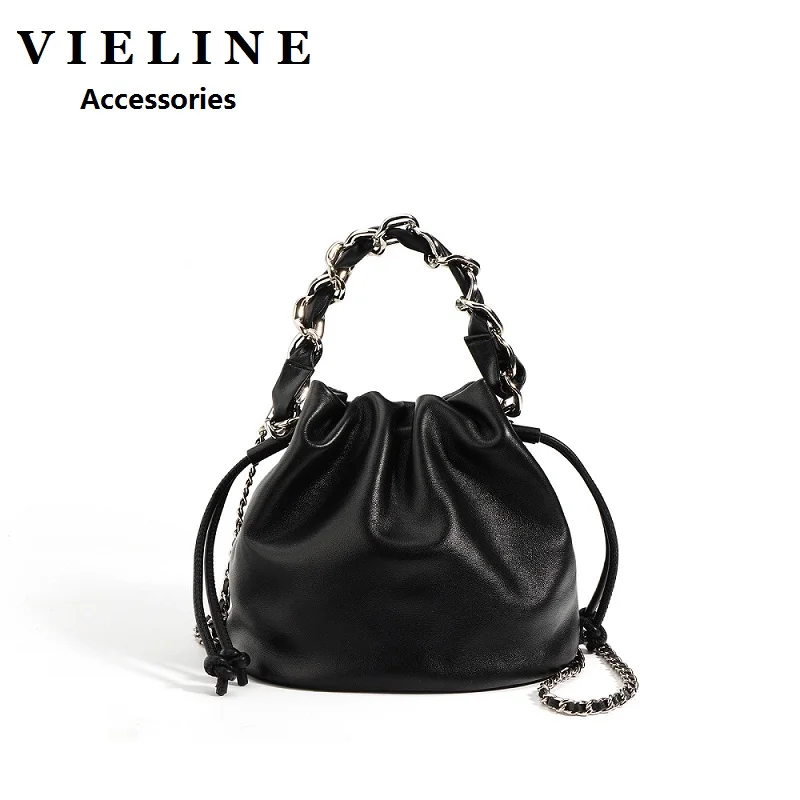 VIELINE Women\'s Drawstring Crossbody Bucket Bag Genuine Leather Small Chain Shoulder Handbag for Ladies