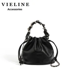 VIELINE Women's Drawstring Crossbody Bucket Bag Genuine Leather Small Chain Shoulder Handbag for Ladies