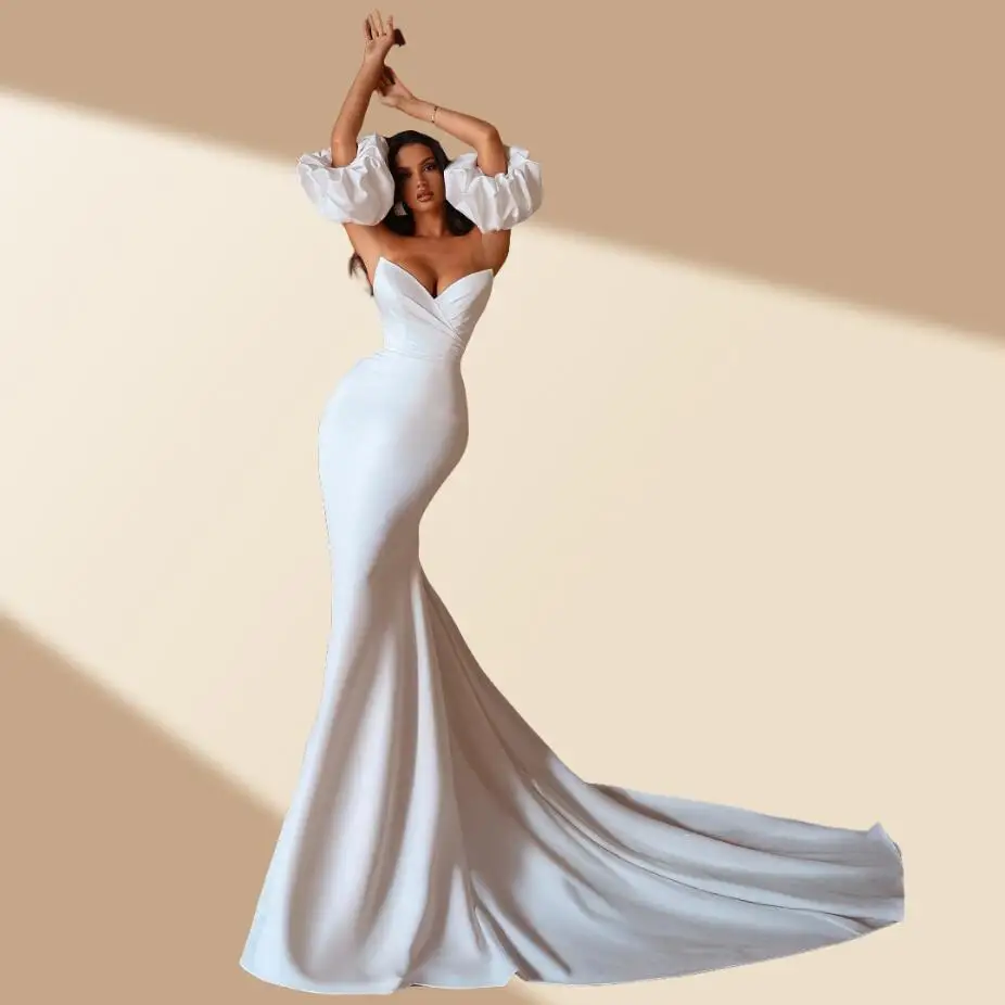 

Mermaid Wedding Dresses Women Customized Satin Bridal Gowns Removable Sleeves Formal Party Robe De Soirée