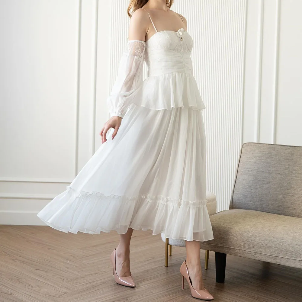 Customized A-line Evening Dresses Tea-length Spaghetti Strap Three Quarter Sleeve Prom Gown Fashion Flowers Draped Party Gown