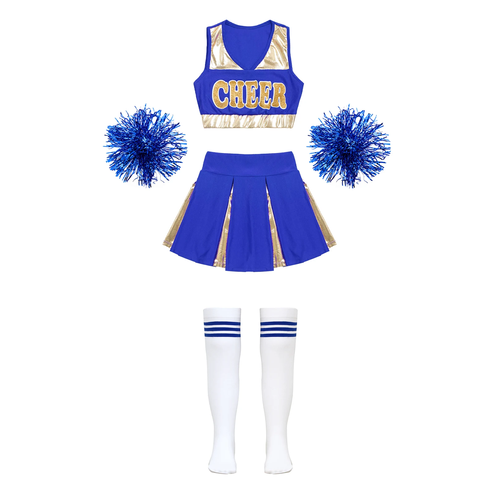 Kinder Meisjes Cheerleading Dance Performance Outfit Mouwloze Crop Top Met Rok Bloemballen Buis Sokken Voor Sport Meet Party