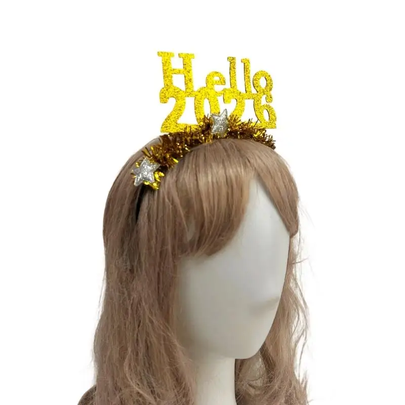 A52E Holiday Glitters Headbands Hello 2026 Star Decors Hairhoop New Year Eve Headpiece