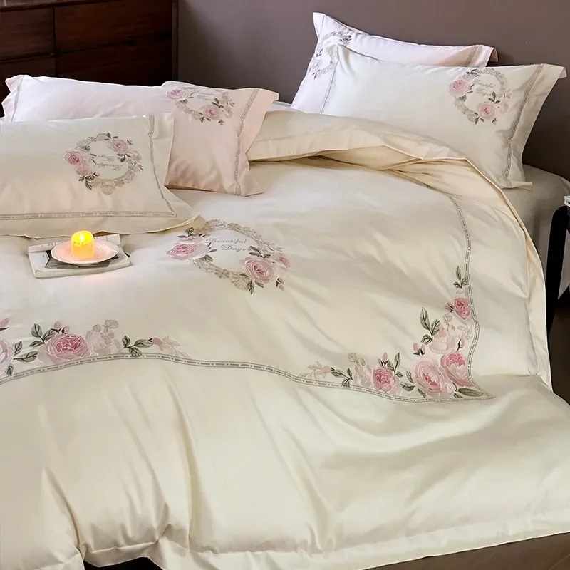 

1000TC Premium Cotton Embroidery Flowers Bedding set White Pink Comforter Cover Bed Sheet 2 Pillow shams Double Queen King size