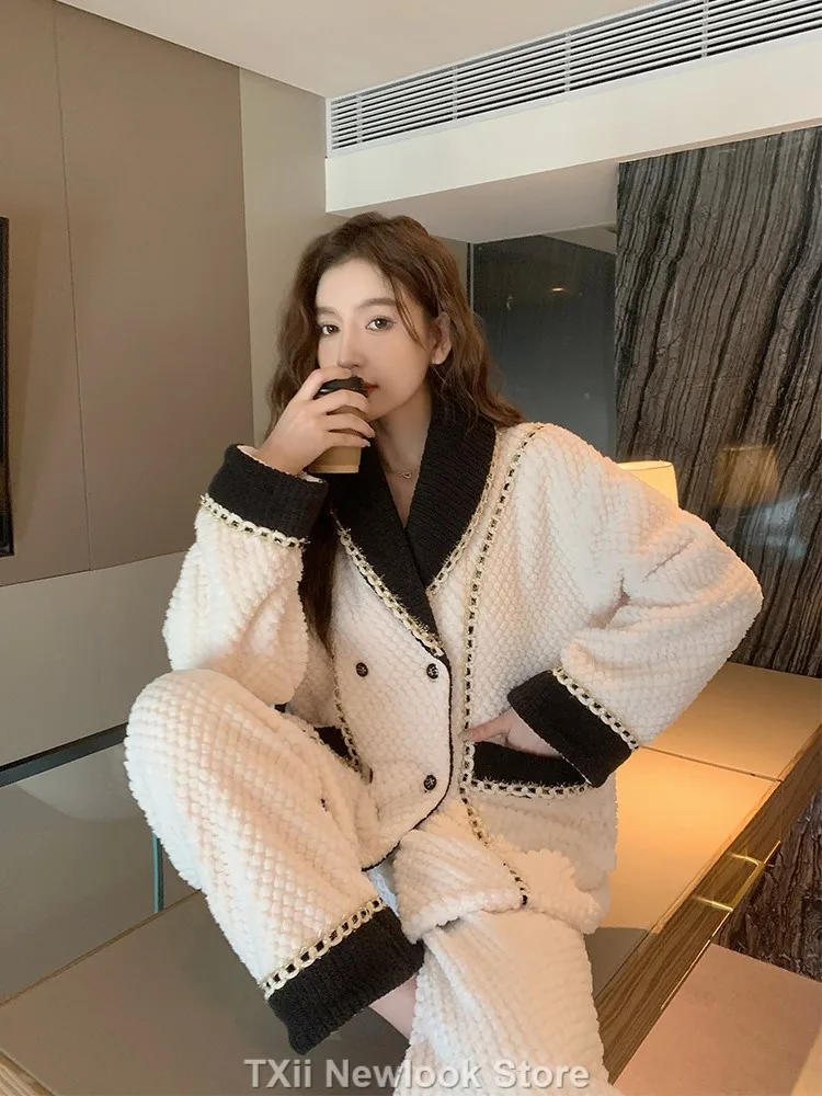 Coral Velvet Pajamas For Women In Winter New Style Thickened Warm Flannel Cardigan Household Suit Brand style casual sleepwear