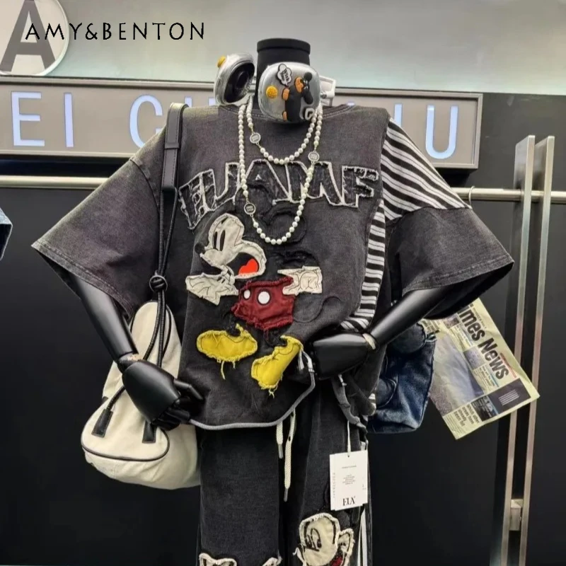 

Summer New Arrival Premium Color Block Patchwork Cartoon Short-sleeved T-shirt Women's Casual Loose Fit Sweet Cute Top Tshirts