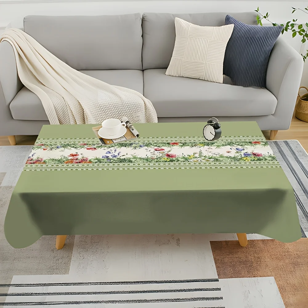 VIKAMA Floral Sage Green Watercolor Wildflower Rectangular Tablecloth Washable Cover for Dining Room Kitchen Holiday Home Decor