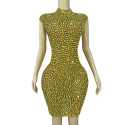 Women Sexy Luxury Sparkly Gold Rhinestones Sheath Dress Evening Party Performance Costume Bar Nightclub Singer Dancer Stage Wear