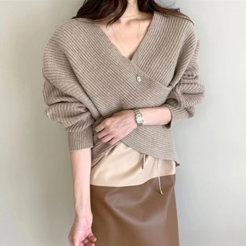 

Elegant Cross V-neck Design Fashion Sweater Korean Style Loose Women Knit Tops Solid Long Sleeved Casual Simple Short Sweaters