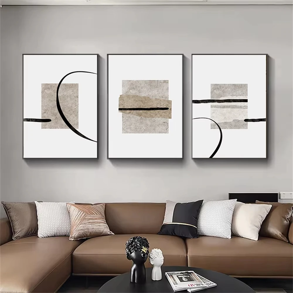 Abstract Color Block Beige Black Line Poster and Print Minimalist Wall Art Oil Painting Nordic Living Room Bedroom Decoration