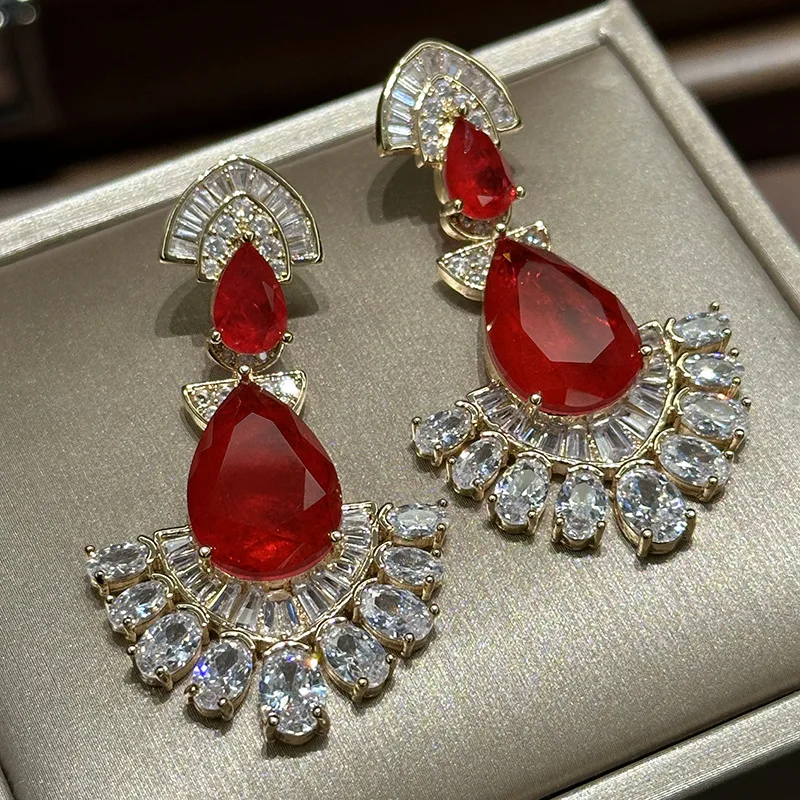 

Женские серьги в форме веера с красным драгоценным камнем и каплями воды, новинка 2025 года