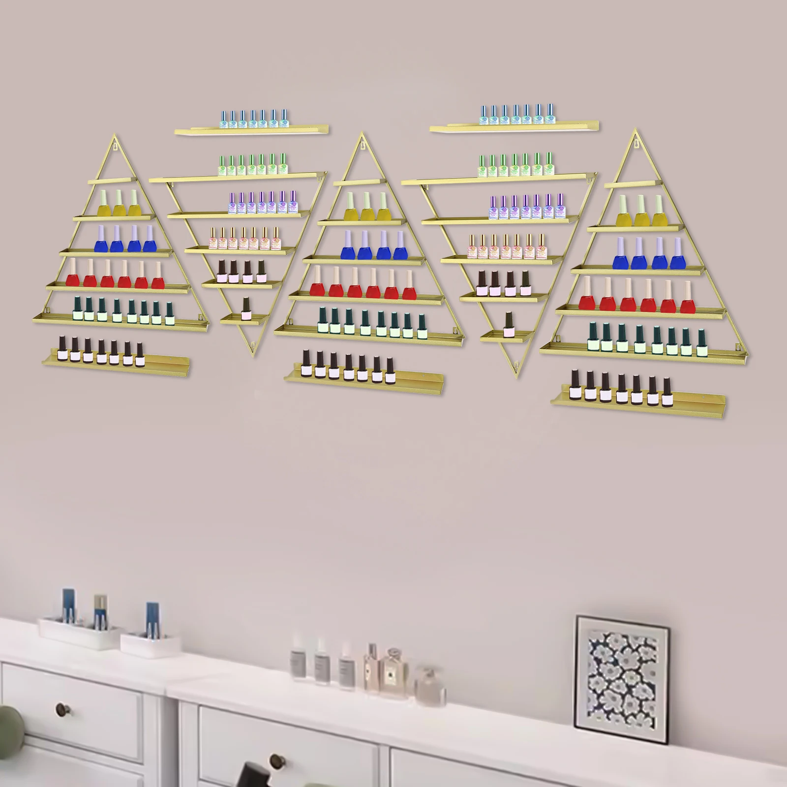 Wall Mounted Nail Polish Rack with Triangular Shelves, Holds 90 Bottles, Durable Iron, Gold Finish for Neat Storage