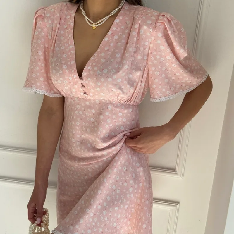 2026 Sommer Blumen-Korsett-Minikleid Süßes Damenkleid mit Spitzenbesatz V-Ausschnitt Puffärmel Hohe Taille A-Linie Lässiges Party-Kurzkleid – Detail 14