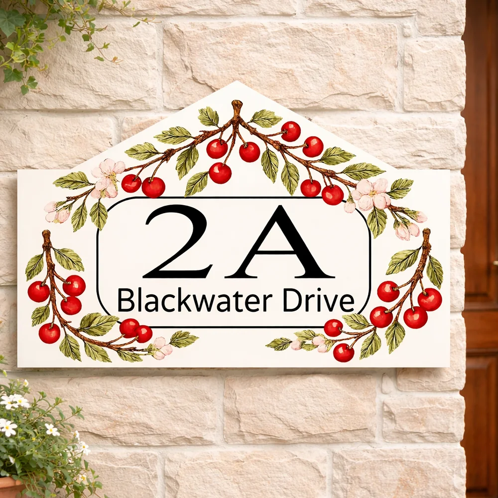 

Arched Wall Number Plate Acrylic UV Printed Cherry House Number Plaque Outdoor Entrance Sign Personalized Home Address Plate
