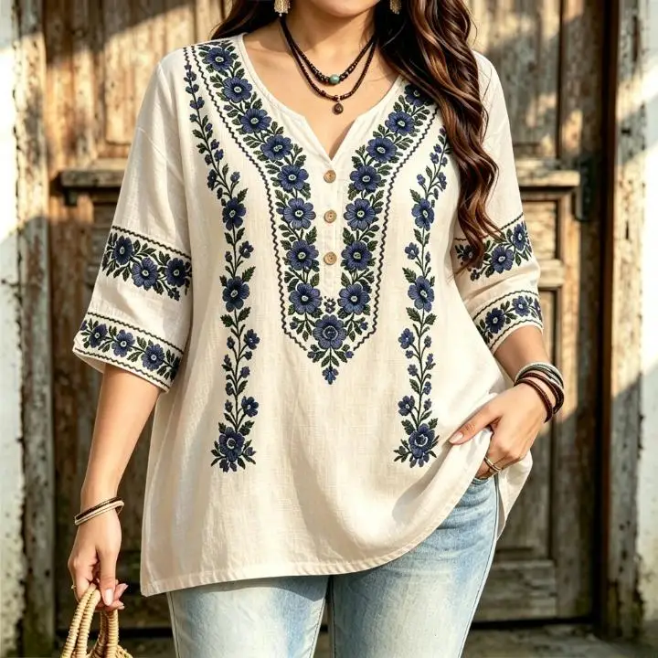 Women Bohemian Paisley Ethnic Position Print Blouse Notched Neck 3/4 Sleeve Loose Fit For Curvy Figures Daily Casual Tops