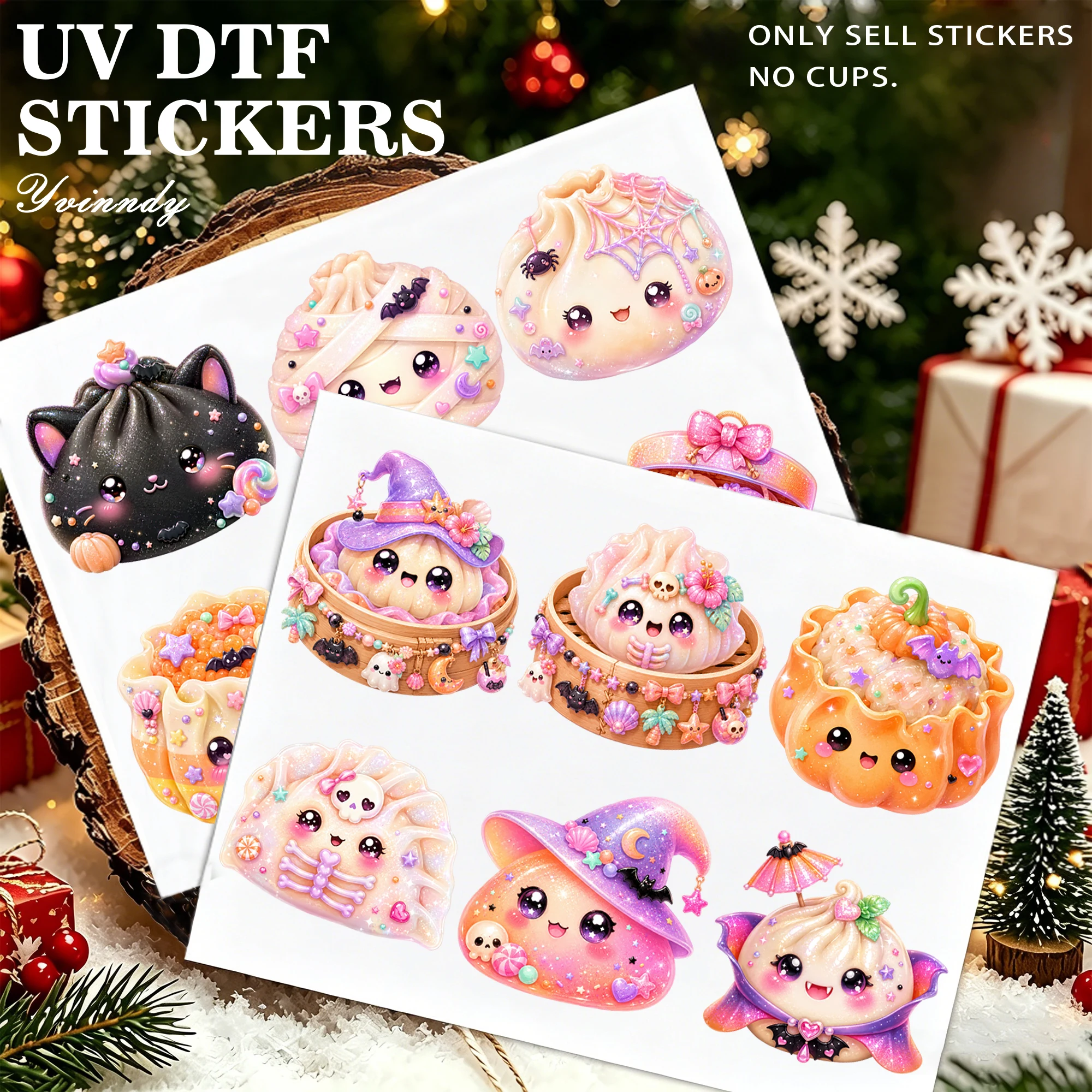 12pcs/set Kawaii Spooky Dumplings DIY UV DTF For Mugs Printing Waterproof Self-adhesive UV DTF For 16oz Glass Can Wrap